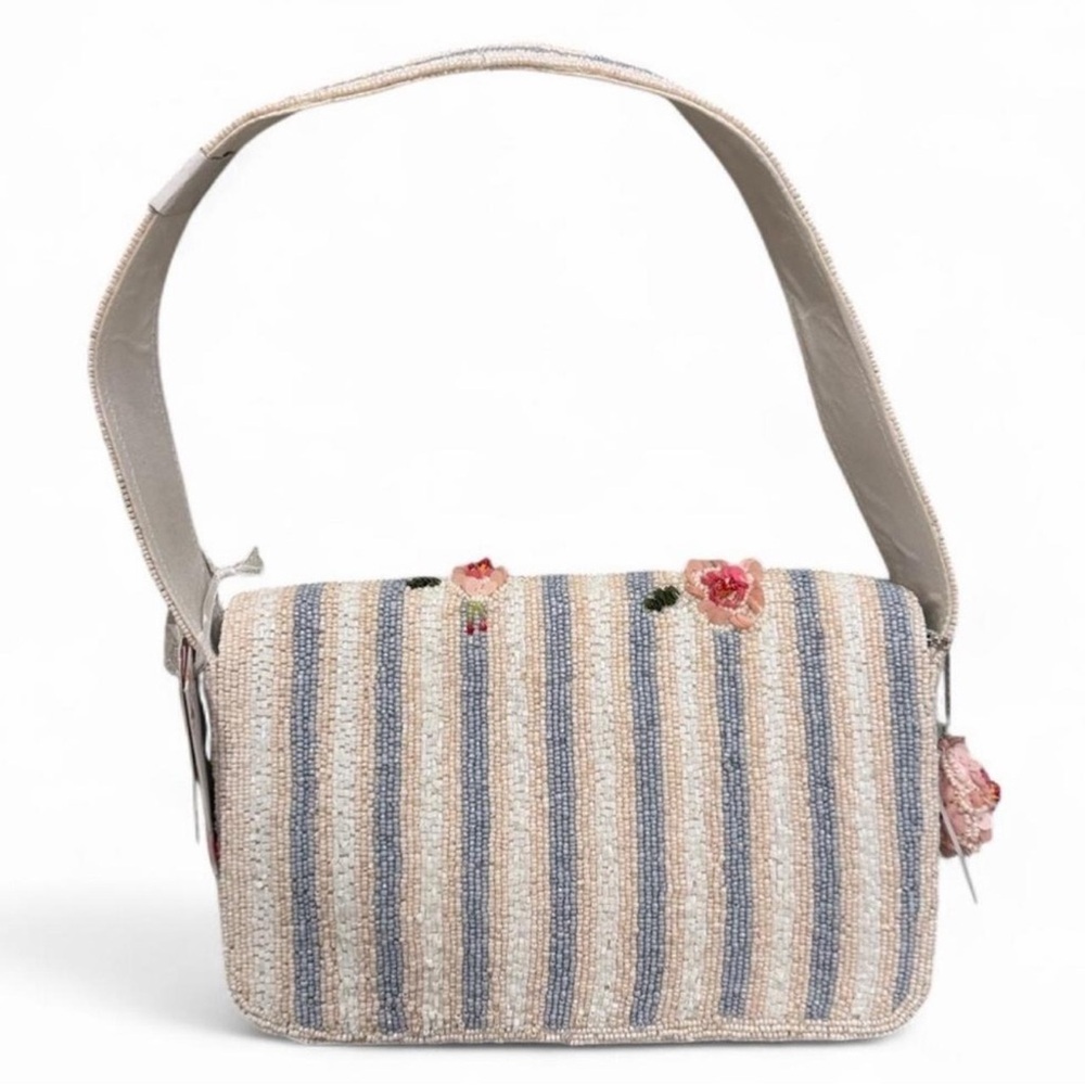 Viral Rose Flower Striped Beaded Bag NWT - Picture 5 of 8